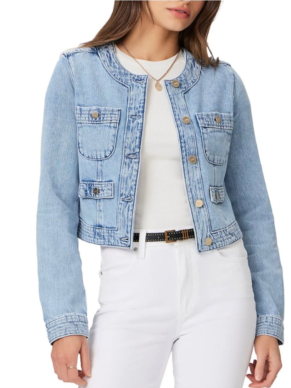 NWT $299 PAIGE Kiya Crewneck Button Front Denim Jacket in Doreen, size XS!